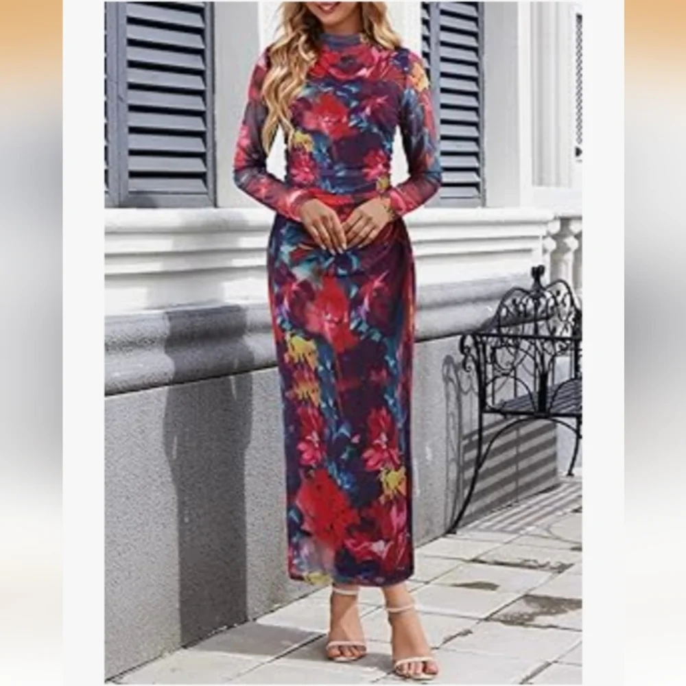 MEROKEETY Floral Sheer Mesh Long Sleeve Fully Lined Maxi Dresses Size XL NWT - Picture 3 of 7